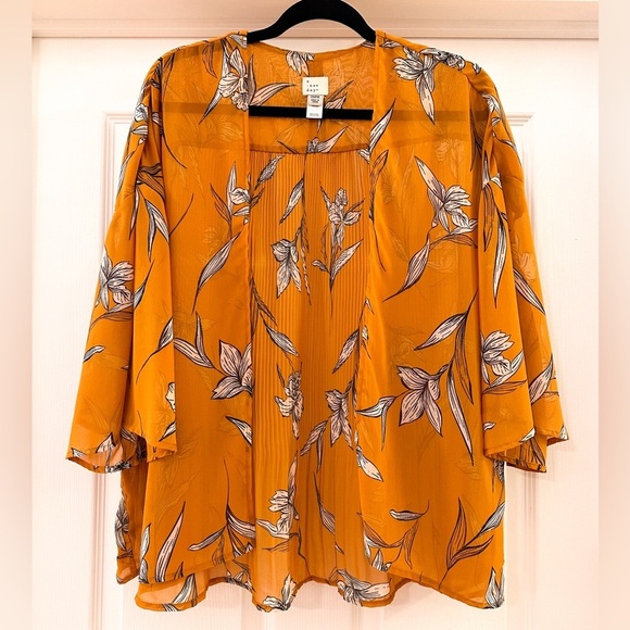 A New Day Marigold Floral Open Pleated Back Sheer Kimono Top One Size Fits Most - Picture 1 of 5